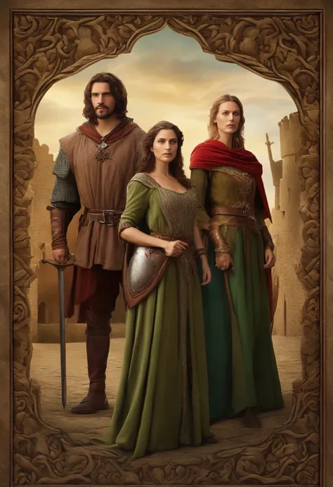 extremely detailed poster image of four characters, dois homens e duas mulheres;, ((estilo medieval, classe de personagem rpg)),...