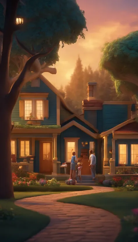 create in pixar style a family with a couple of adults and two children in one visiting a subdivision in order to buy a space to...