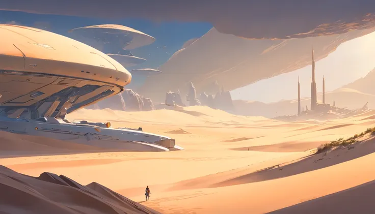 dune concept art，clean and neat tones，sci-fi base scene，there are many spaceships in the air，epic concept art， fine 8k，vray， was...