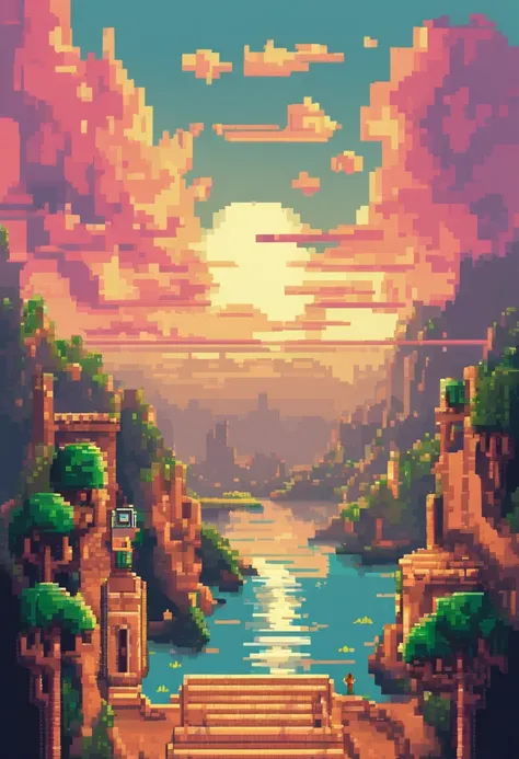 pixel art tourist landscape. evening. 3d pixel art 4k wallpaper. incredible pixel art details. pixel art. steam wave. detailed u...