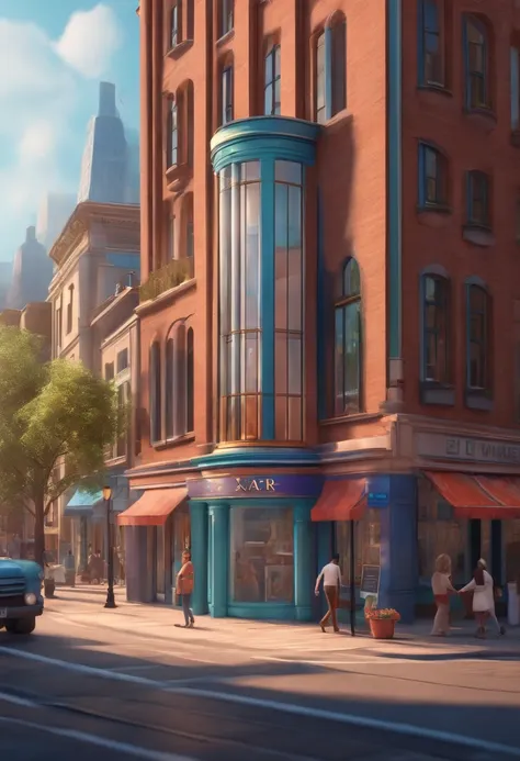 pixar 3d-style drawing of a slimming clinic in the city center with a character in the foreground