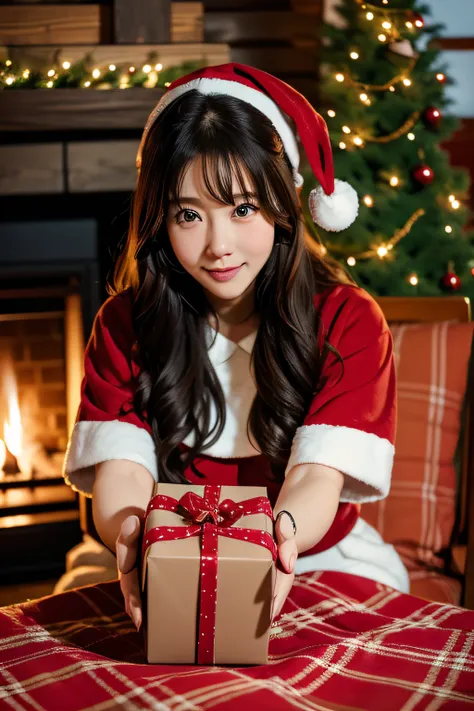 cute female santa claus、inside the log cabin、fireplace、large gift box beautifully wrapped with ribbon、big tree、