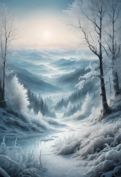 in this artwork, a dense forest is covered with thick hoarfrost, and the branches are adorned with crystal-clear ice crystals. t...