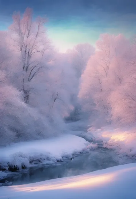 at winter season，Oyuki，snow landscape，Rime，rays of sunshine，thin fog，Dingdall effect，super-fine，tmasterpiece，8K，depth of fields，...