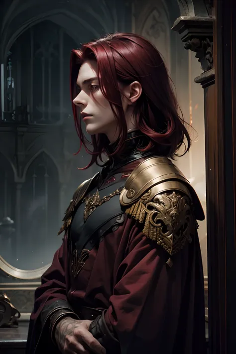 male artist, shoulder-length dark red hair, elegant style, mystical atmosphere, loneliness, sad pensive face, dark beauty