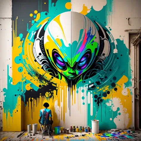 alien graffiti artist, painting wall, with high-tech paint roller, high-tech painting materials, futuristic, afro-futuristic, gr...