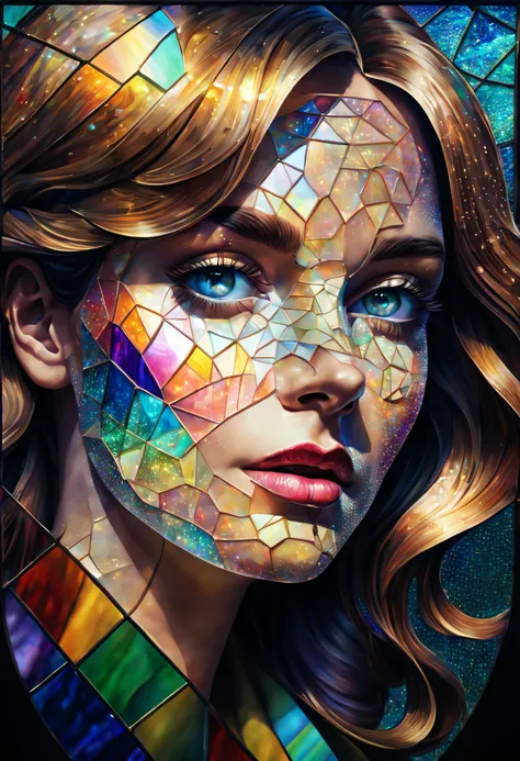 dotted female face made of stained glass optical illusion a detective painting, holography, iridescent, photo-illustration, maxi...