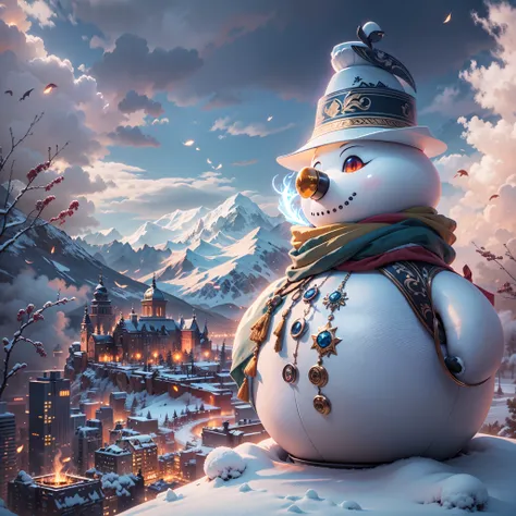 in a panoramic view，フォトリアリスティック，a huge sexy and beautiful snowman stands among the snowy mountains，surrounded by beauties wearin...