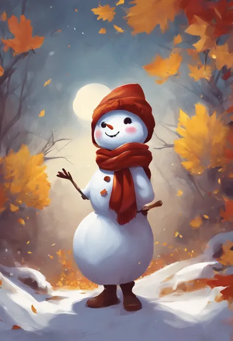 A girl turned into a snowman，Snow white all over，gradually freezing，Yellow leaves，Red scarf，A smile appeared on the corner of hi...