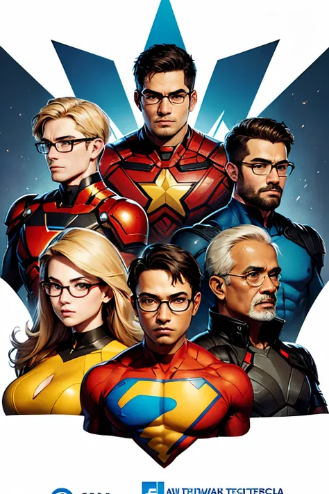 a picture of a group of 7 it tech engineers superheroes, 1 blonde lady with glasses, 1 philippine man with glasses, 1 latin man,...