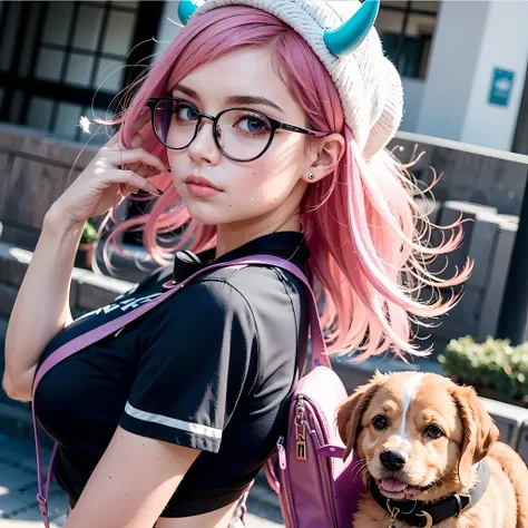 cosplay, (cabelo rosa), usando camisa xadrez, 
 cabelo coque, round eyewear, hat with striped purple horns, carregando cachorro ...