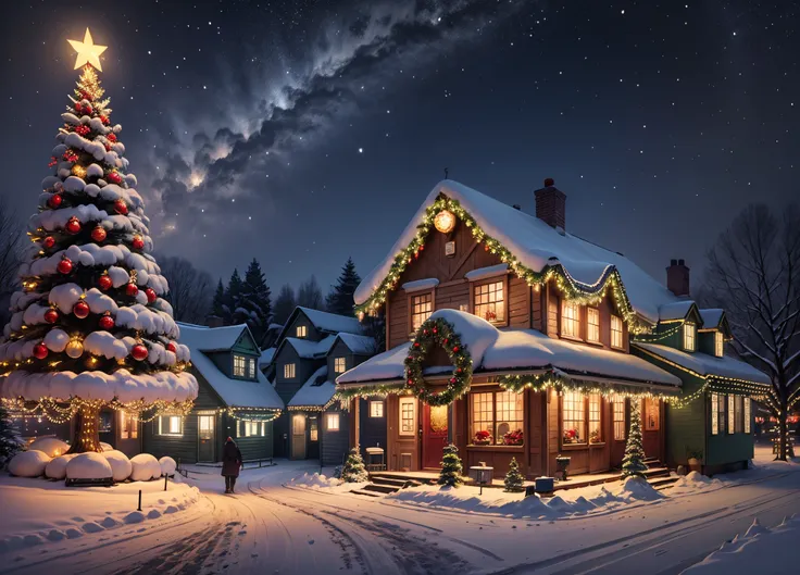 The image depicts an enchanting night scene of a snow-covered village during the Christmas season.. Ao centro, a majestic Christ...