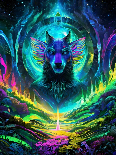 mindblowing art "furry in a psychedelic and surreal world, ultra-detailed, with vibrant colors and lighting effects, creating a ...