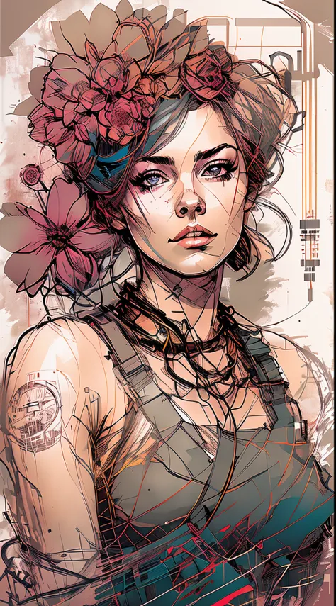 nvinkpunk charlie bowater realistic lithography sketch portrait of a woman, flowers, [gears], pipes, dieselpunk, multi-colored r...