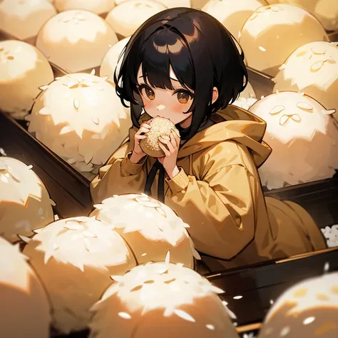 top image quality、girl holding rice balls in both hands、puffy cheeks、grains of rice around the mouth、beige hoodie、short-cut blac...