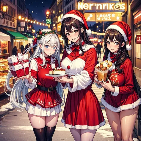 In this festive winter，A group of hot girls in Christmas dresses came to the busy street。They are holding beautiful Christmas ca...