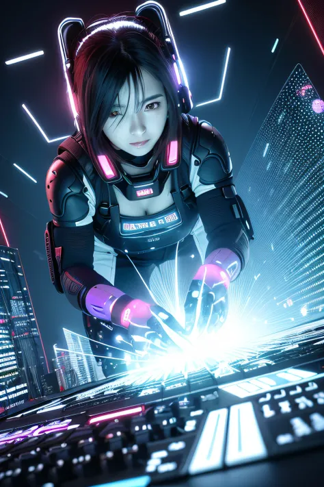 ((mejor calidad)), ((obra maestra)), (muy detallado: 1.3), 3d, hermoso (cyberpunk: 1.3) hacker femenino, cabello grueso, senos m...