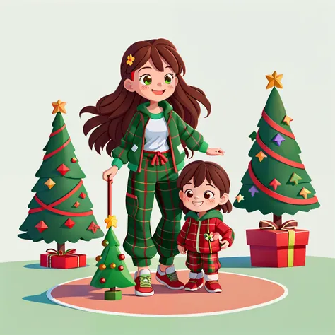 Girl with long brown hair，Wear red plaid long-sleeved sportswear，Green plaid long sweatpants，playground（Hand holding Christmas f...