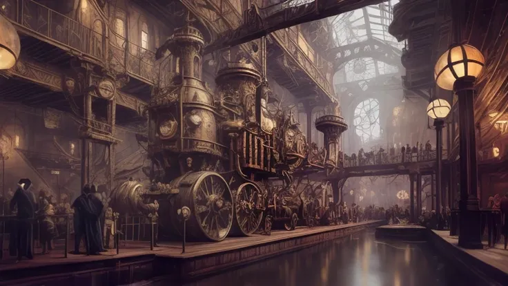 there is a train parked inside the building, victorian steampunk big city, steampunk concept art, steampunk factory background, ...