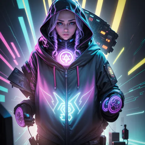 a digital illustration of a person in a hoodedie with a glowing halo, advanced digital cyberpunk art, dan mumford and alex grey ...