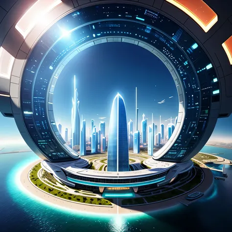 the city of the future in the middle of a circular island with a sky background, spaceport of the future, the city of the future...