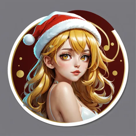 (one sticker,),(3d cartoon santa hat girl),bright colored hair,slim, ellegance, there is also a touch of mystery.(in circles), (...