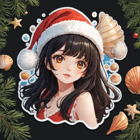 (one sticker,),(3d cartoon santa hat girl),glossy black hair,slim, ellegance, shells around, there is also a touch of mystery.(o...