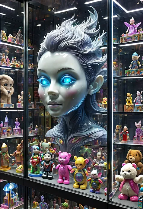 (toy store window:1.5),魔法toy store window里渗出一股神奇的魔法能量,energy transformed into transparent face,(toy racks are neatly arranged in...