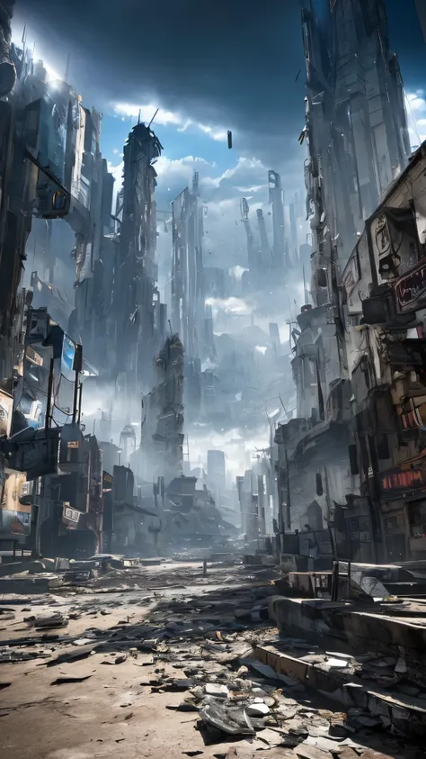 post apocalyptic futuristic city, shattered crystal spires, rubble strewn street, broken machines