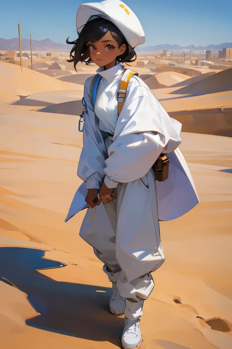 docter, young woman, puffy pants, white clothing, desert town, dark skin