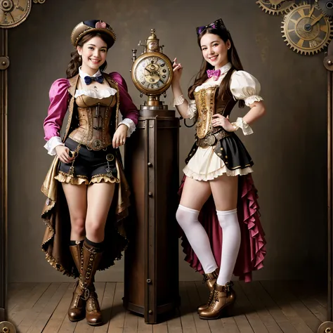 ((best quality)), ((masterpiece)), pretty smile with cure dimples, ((photo-realistic)), (detailed), ((2 pretty steampunk girls))...