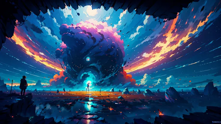 anime boy standing preparing to fight, looking at a sky full of stars, makoto shinkai cyril rolando, papel de parede de arte ani...