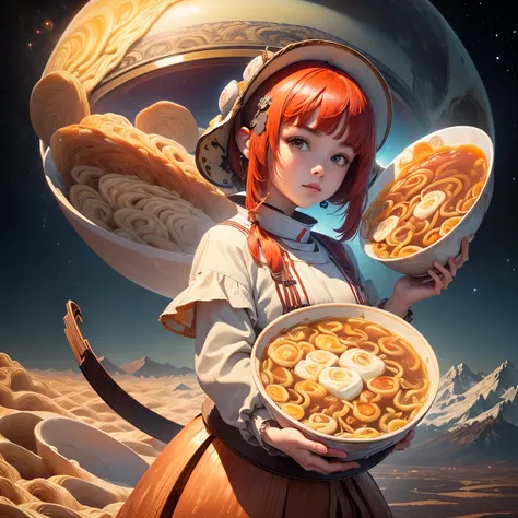 masterpiece, highest quality, ((landscape with many planets floating)), 1 girl, ((((hold a giant bowl of ramen)))), ((ramen as b...