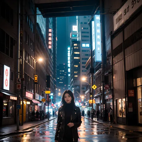 in this cyberpunk streetscape of futuristic technology and neon lights，the one in black，beautiful woman with perfect body，her fa...