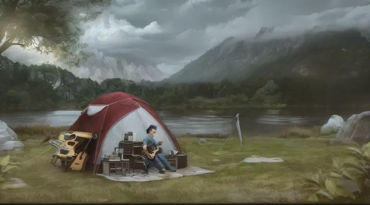 please create an image similar to the reference image，young man playing guitar in tent in distant mountains near water and lake