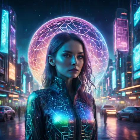 full height frontal body shot of a woman with a neural network connected to a city of the future, neon multi colours, matrix sty...