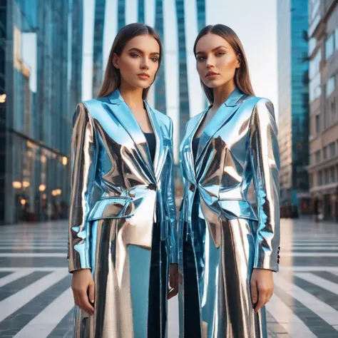 realistic photo, two twins woman, standig together in symmetrical pose, full shot, beutiful, twins, symmereical faces, imersive ...