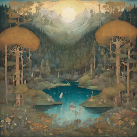 (wall art) (no mockup) (john bauer design) (scandinavian dense forest surrounding a small very deep lake) (scandinavian colors)