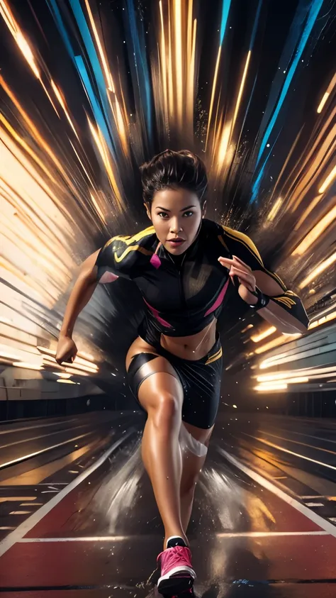 a close up of a women running on a track with a light trail behind her, sprinting, athlete photography, hyperspeed, tracers, ath...