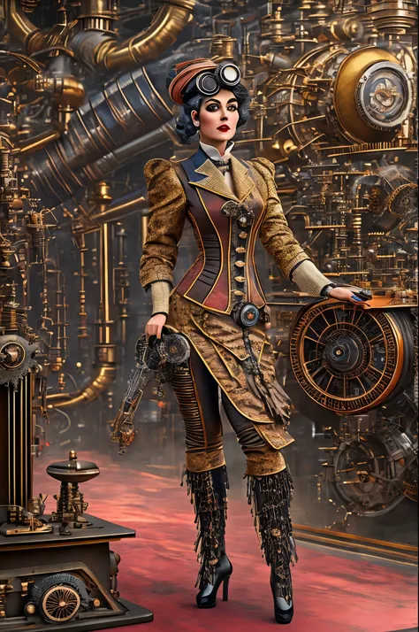 in the world of retro-futurism, behold an ultra-realistic portrayal of a pin-up engineer donning a captivating steampunk victori...