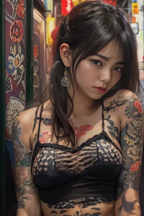 raw image quality, japanese, 14 years old, embarrassed expression, girl and horihada, yakuza, japanese mafia, background of toky...