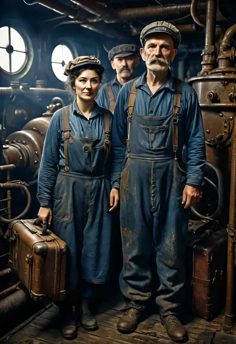 (((portrait of early 20th century english engine room worker on an ocean liner))), grease, and soot-stained rugged face, photore...