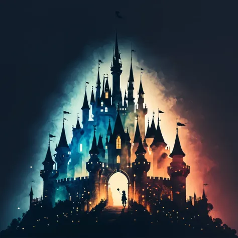 mickey's silhouette, blank background, double exposure，dream castle