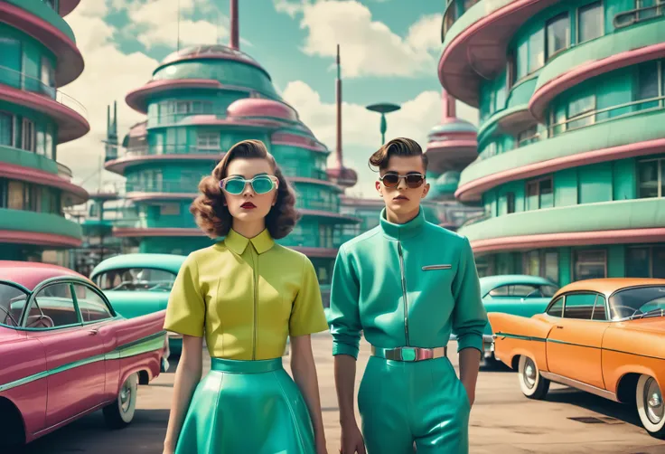 imaginary city scenario in retrofuturisttic style, buildings and vintage cars, close up of a teenager couple in retrofuturistic ...