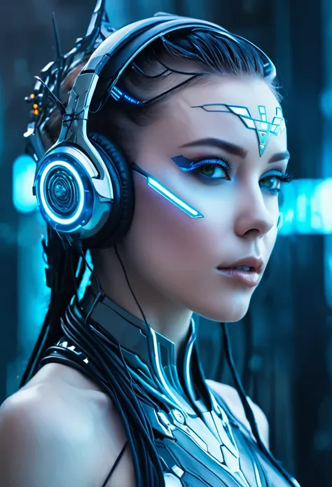 close-up of a woman wearing headphones in a futuristic setting, cyberpunk robot elf queen, portrait of a beautiful sci-fi girl, ...