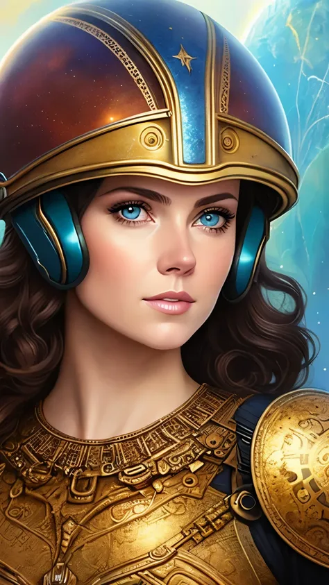 a close up of a woman with a helmet on and a sci - fiore, boris vallejo and tom bagshaw, prophet graphic novel, cosmic artifacts...