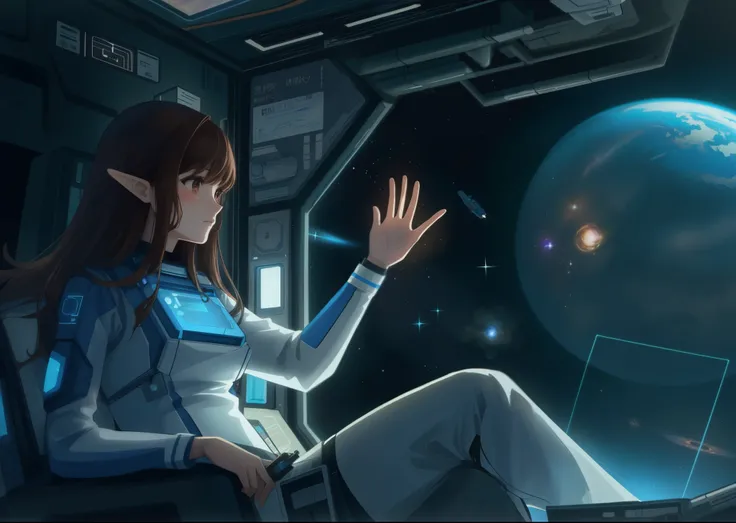 (brown hair swept bangs:1.3), arafed woman in a space station with a laptop and a planet, powerful woman sitting in space, sitti...