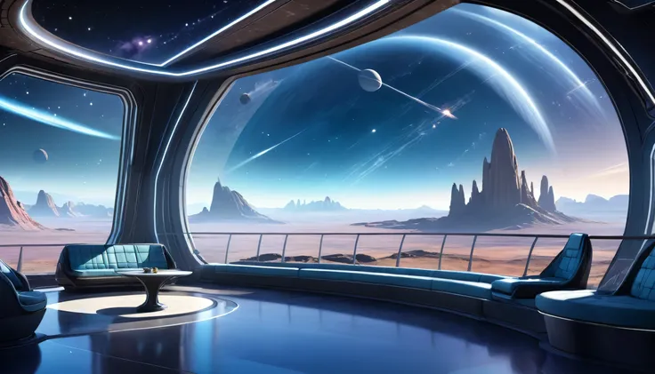 an expansive observation deck on a distant planet, featuring large panoramic windows that provide a stunning view of the alien t...