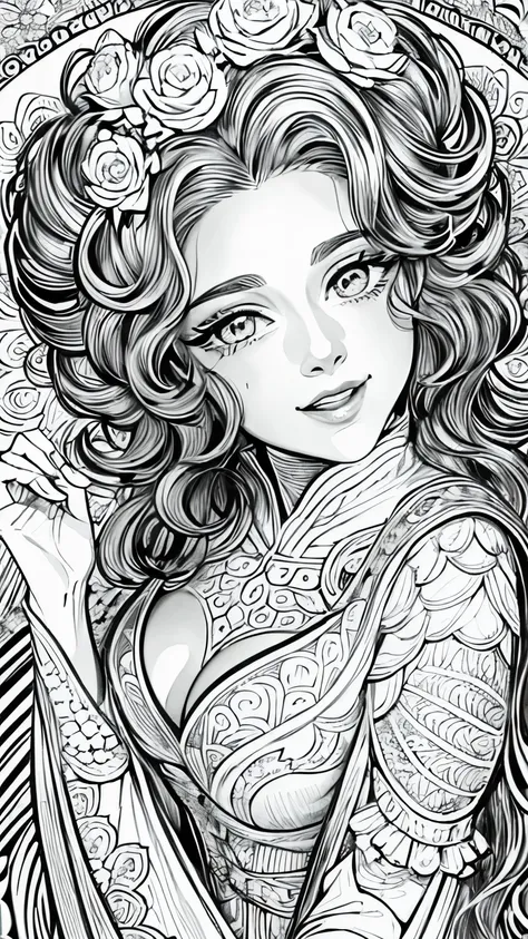 (Black and white coloring book:1.5), Line art, masterpiece, Highest quality, (Detailed Background), Highly detailed face, ((Eyes...