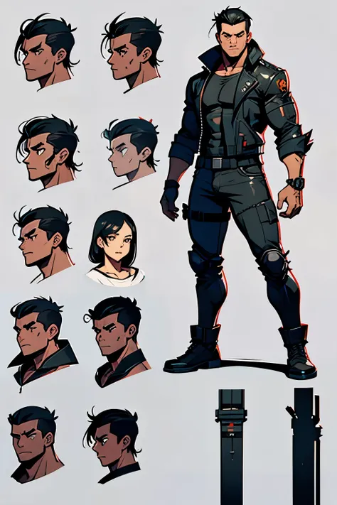 adoptable muscle man original character reference sheet. black hair clothing cyberpunk apocalyptic  , con tage cyber militar